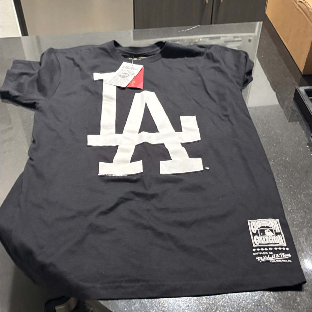 Mitchell & Ness Black T-Shirt with White LA Graphic